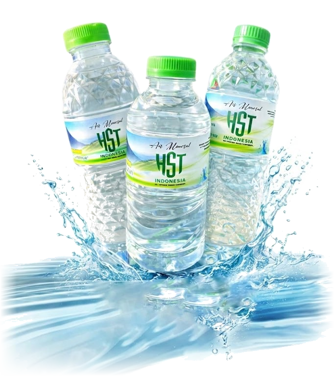 Tiga botol Air Mineral HST 330ml dengan percikan air segar